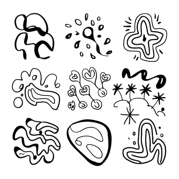 Doodles minimalistas dibujados a mano en fondo blanco con formas y temas variados
