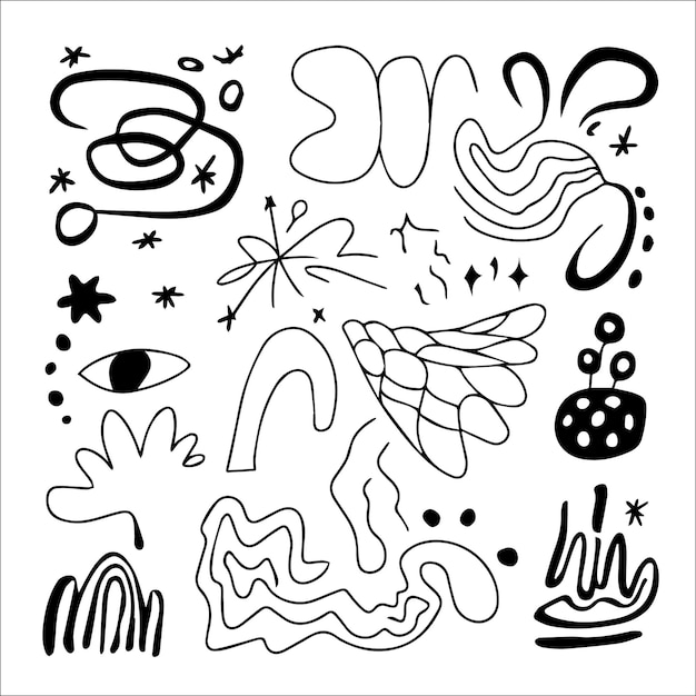 Doodles minimalistas dibujados a mano en fondo blanco con formas y temas variados