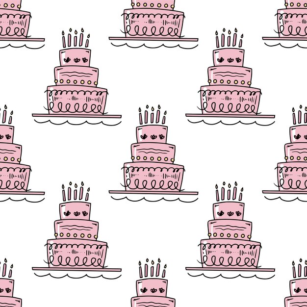 Doodlestyle patrón sin costuras de gran pastel con velas concepto festivo boceto de contorno vectorial dibujado a mano