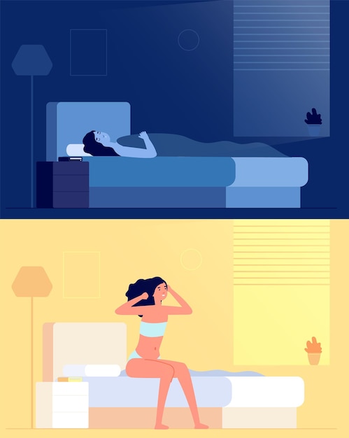 Dormir despierta chica. mujer dormida, feliz despertar por la mañana. señora que se extiende sobre el colchón de la cama en el dormitorio después de la ilustración de vector despierto. mañana chica despierta, despierta en el dormitorio y duerme