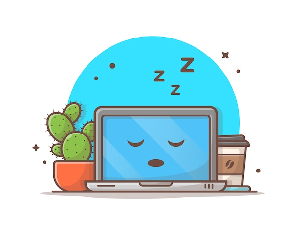 Dormir portátil con Cactus y café Vector icono ilustración