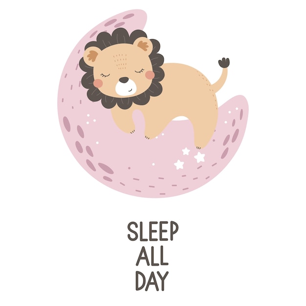 Dormir todo el día dibujos animados león luna dibujo a mano letras elementos de decoración