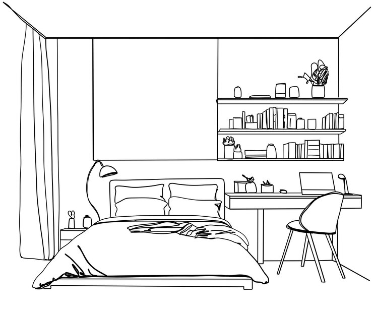 Dormitorio con boceto de lugar de trabajo Lineart Interior