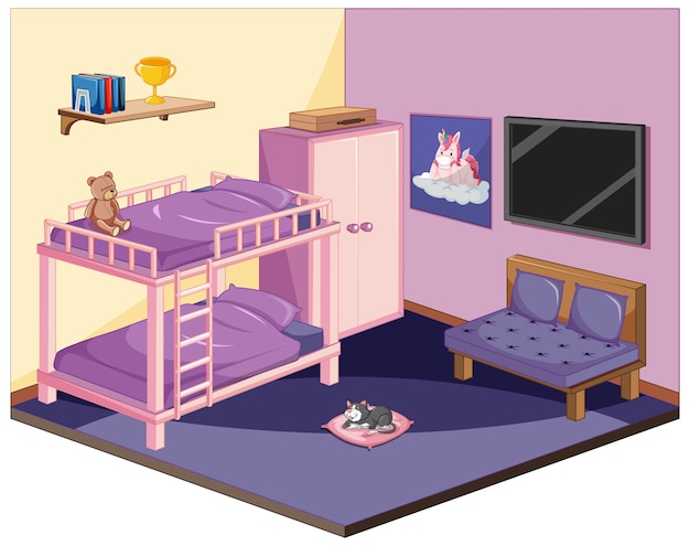 Vector dormitorio en color rosa tema isométrico.