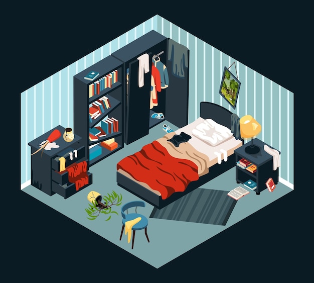 Dormitorio desordenado con cosas dispersas armario abierto y estantes de libros rotos objeto isométrico en la ilustración de vector de fondo negro