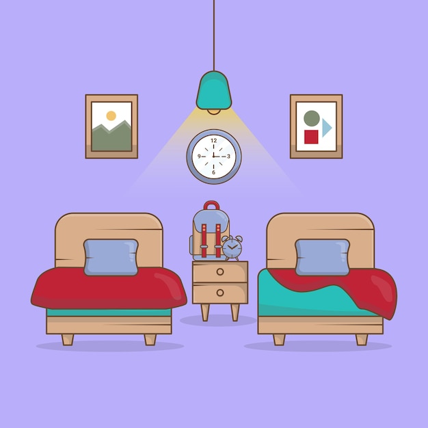 Dormitorio infantil con cama individual minimalista, bolso y reloj despertador