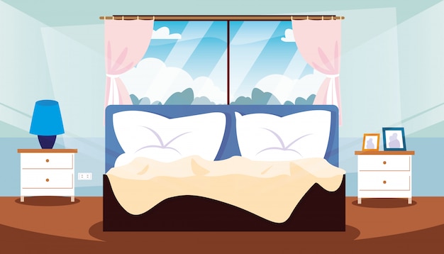 Dormitorio interior con cama y decoración.
