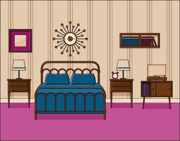 Vector dormitorio interior. habitación de hotel. ilustración