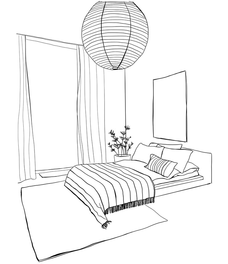 Dormitorio interior moderno dibujo vectorial aislado sobre fondo blanco.