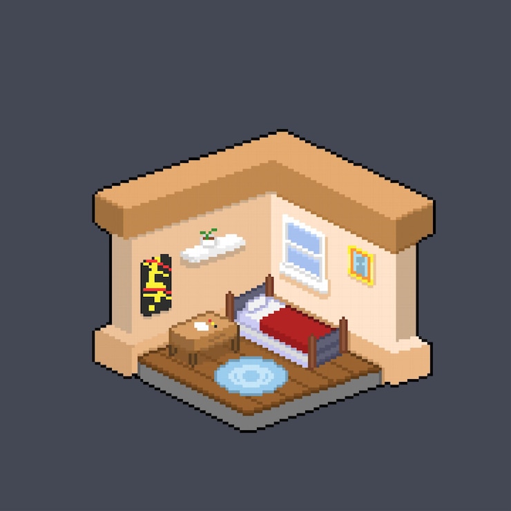 Vector dormitorio isométrico en estilo pixel art