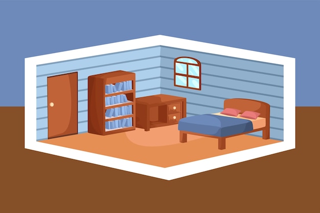 El dormitorio de madera es un interior de colores brillantes con perspectiva 3D.