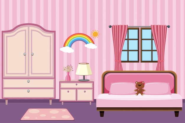 Vector dormitorio con muebles de color rosa.