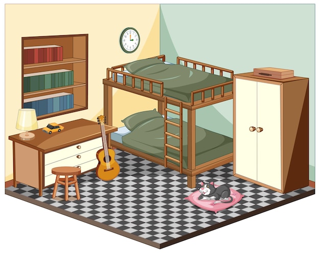 Dormitorio con muebles isométricos.