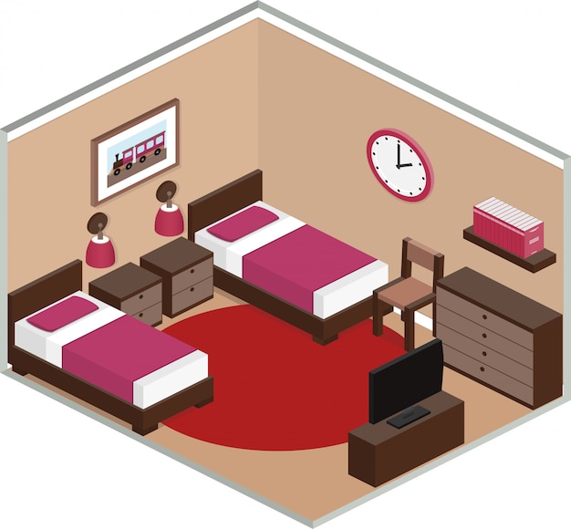 Dormitorio con muebles que incluyen dos camas y TV. Interior moderno en estilo isométrico. D ilustración.