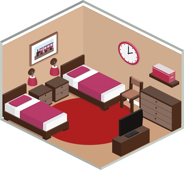 Vector dormitorio con muebles que incluyen dos camas y tv. interior moderno en estilo isométrico. d ilustración.