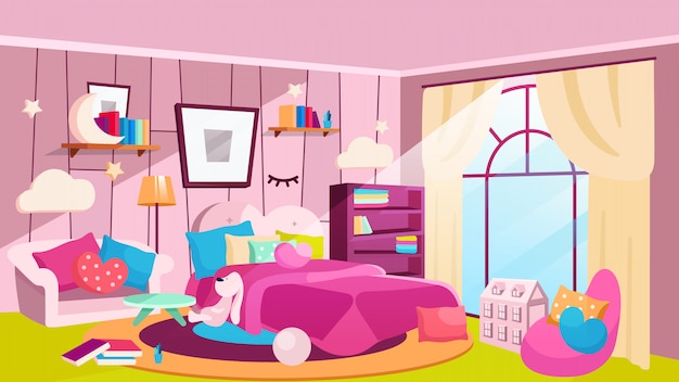 Vector dormitorio de niñas en la ilustración plana durante el día. amplia habitación con cama, estanterías, cuadro en la pared. interior de la casa de niña con sofá rosa, sillón, manta. lámparas decorativas en forma de nube