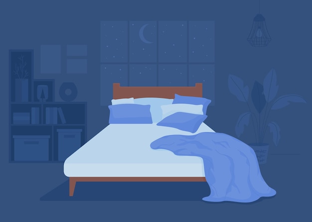 Vector dormitorio oscuro con cama sin hacer ilustración de vector de color plano