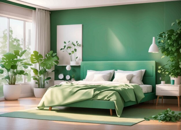 Vector un dormitorio con una pared verde y una cama con una manta blanca sobre ella ilustración vectorial