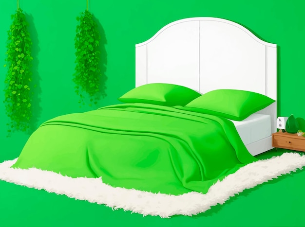 Vector un dormitorio con una pared verde y una cama con una manta blanca sobre ella ilustración vectorial