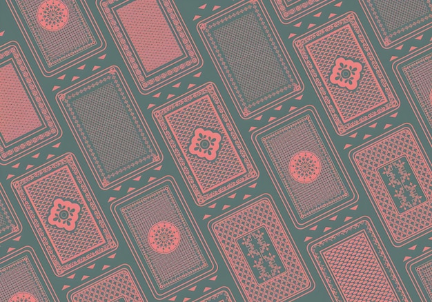 El dorso estampado de las cartas de juego dispuestas en una cuadrícula