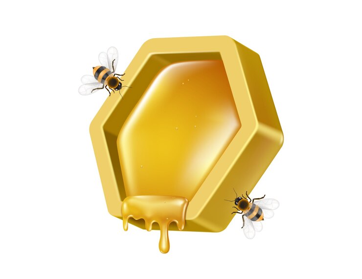Vector dos abejas vuelan a un panal hexagonal para hacer miel del polen de las flores