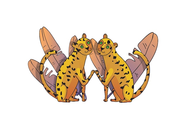 Dos adorables leopardos y hojas tropicales con gradientes Animal salvaje Gatos grandes con cuerpo manchado Tema de vida silvestre Arte lineal con relleno colorido Diseño vectorial dibujado a mano aislado en fondo blanco
