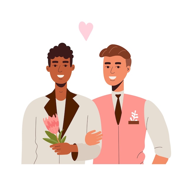 Dos amantes homosexuales. boda lgtb. la novia y el novio. hermosos chicos con flores. orgullo. el amor es el amor