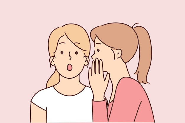 Dos amigas chismean contando secretos en los oídos y discutiendo acciones de compañeros de trabajo