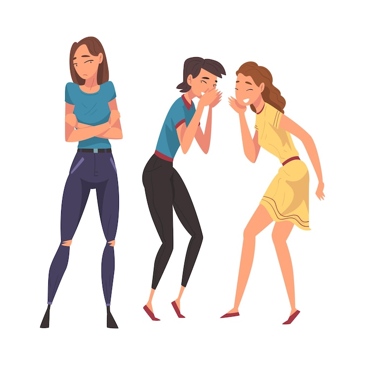 Vector dos amigas que chismean cínicamente y se ríen detrás de la espalda de una caricatura de chica triste y estresada.