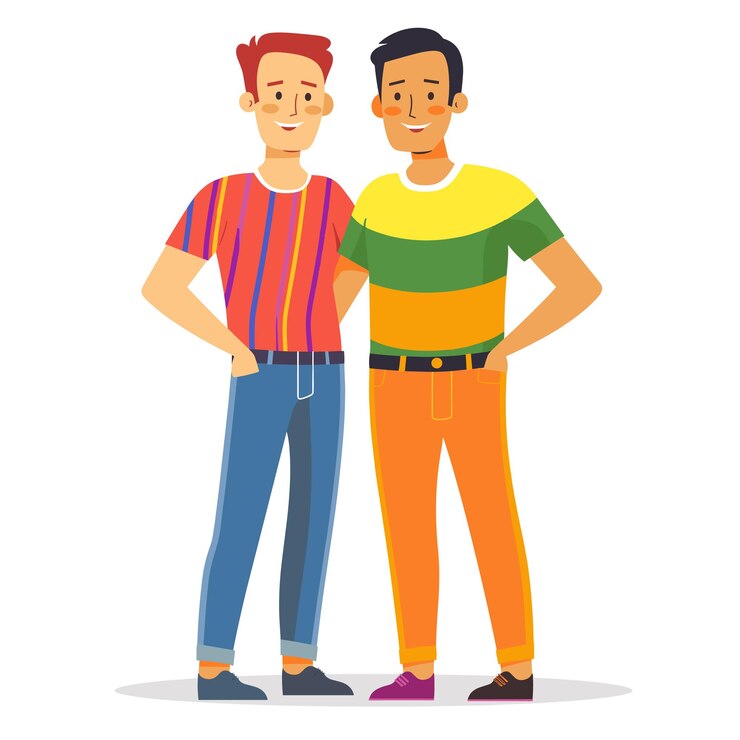 Dos amigos de dibujos animados de pie juntos sonriendo personajes adultos ropa casual amistad