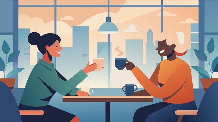 Vector dos amigos se sientan en un acogedor café compartiendo historias y risas en un idioma que una vez fue ajeno a
