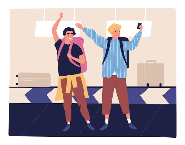 Dos amigos varones felices tomando selfie en el aeropuerto llegando a la ilustración plana vectorial de vacaciones de verano. un tipo de viaje posando haciendo fotos usando un smartphone. turistas con mochila esperando equipaje en la terminal.