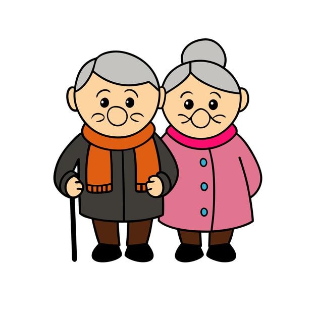 dos ancianos están de pie uno al lado del otro y uno tiene un abrigo rosa en él