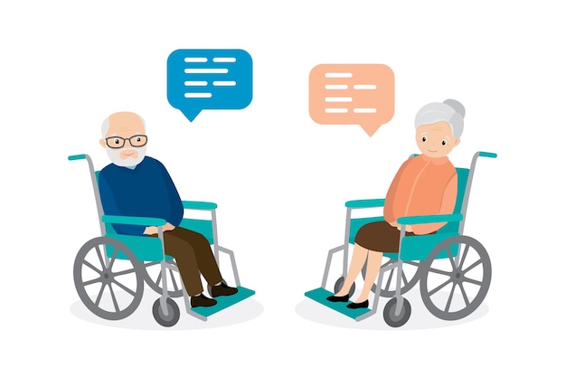 Dos ancianos felices en silla de ruedas pareja de personajes ancianos hablando ilustración vectorial
