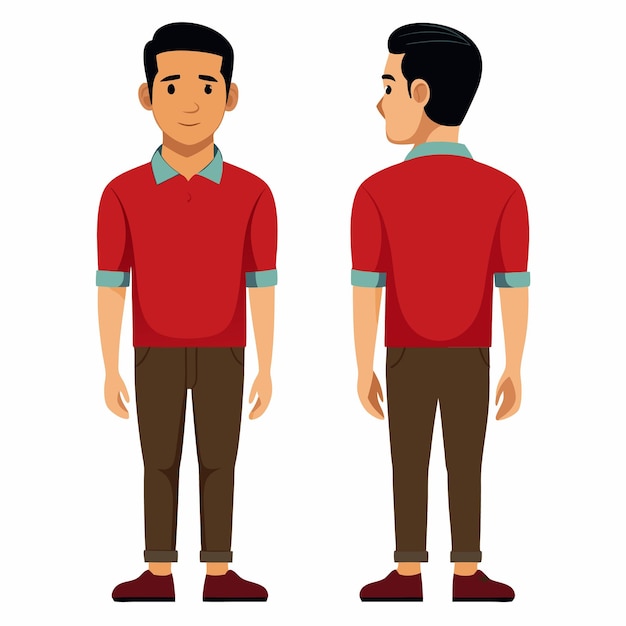 Dos ángulos diferentes de un hombre con una camisa que dice vector de diseño plano para animación