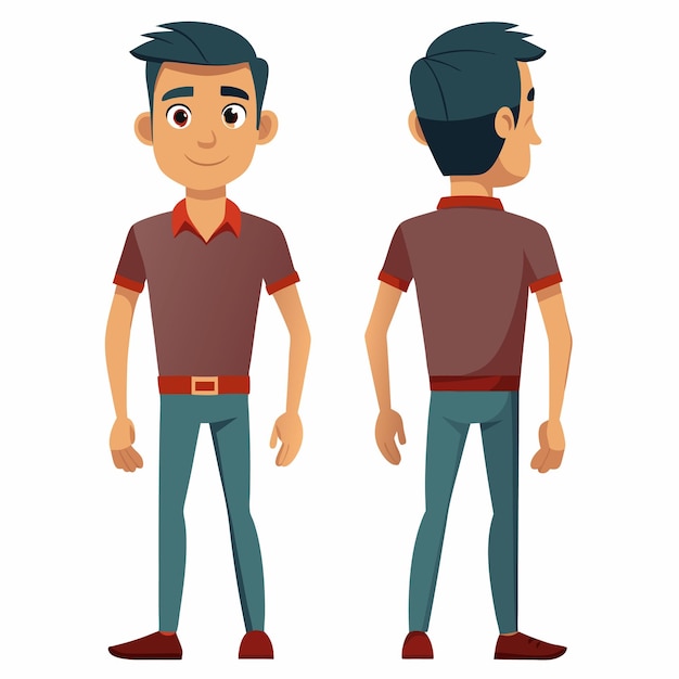 Dos ángulos diferentes de un hombre con una camisa que dice vector de diseño plano para animación