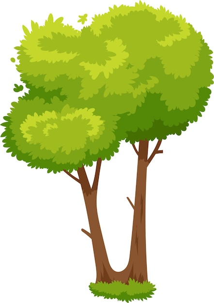 Dos árboles verdes vibrantes con doseles completos están juntos sus troncos marrones se elevan de un parche de hierba creando una escena natural pacífica en un estilo de dibujos animados o ilustrativo