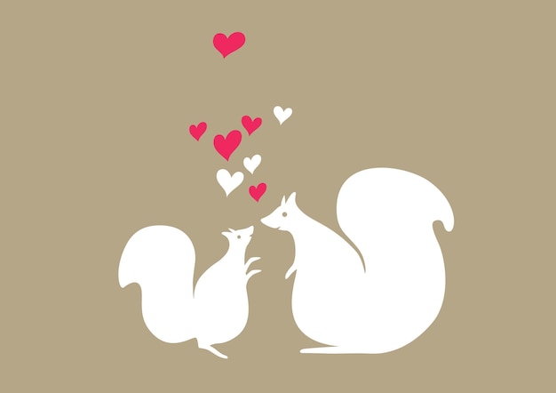 Dos ardillas rodeadas de corazones en un fondo marrón