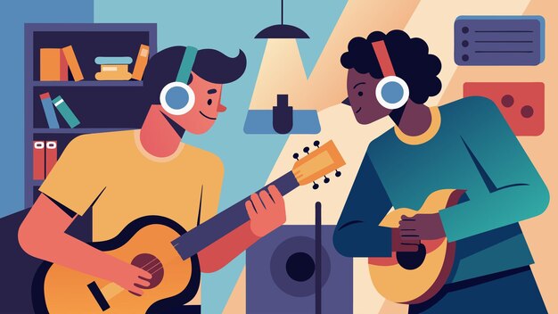 Vector dos aspirantes a músicos tocando juntos en un apartamento estrecho compartiendo el mismo par de auriculares