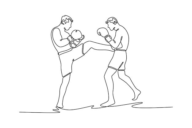 dos atractivos hombres atletas luchadores pateando competidor disfrutar de kickboxing