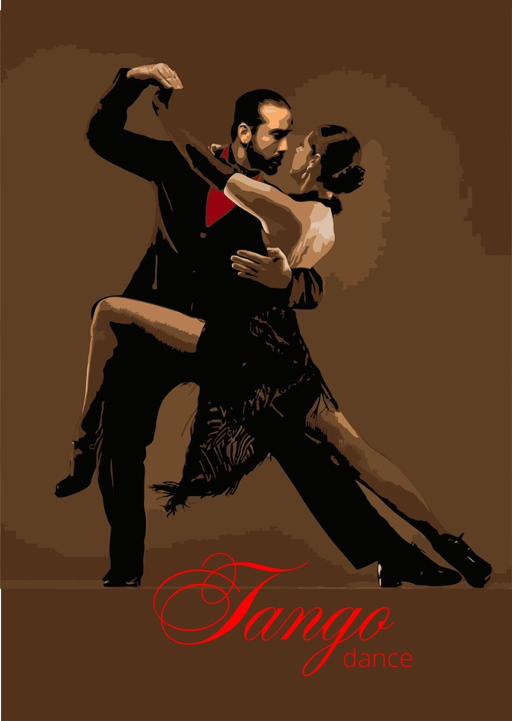 Vector dos bailarines profesionales están realizando un tango en un escenario iluminado por una iluminación suave