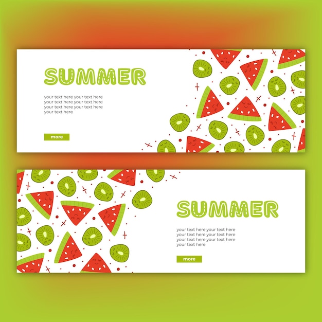 Dos banderas de verano dibujadas a mano con letras de kiwi de sandía verano y botón más color verde rojo