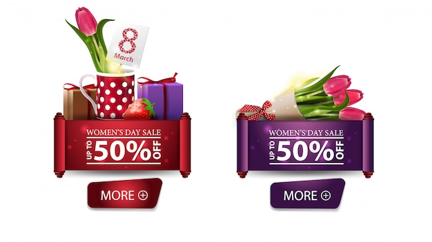 Dos banners de descuento para el día de la mujer con botones y tulipanes.