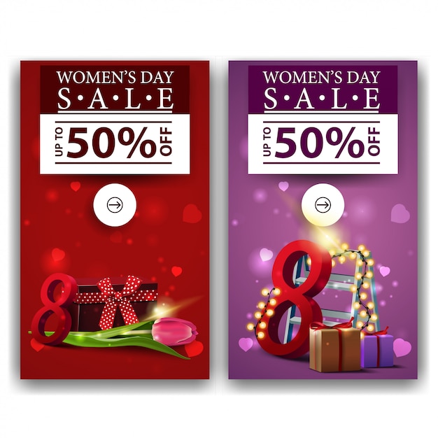 Dos banners de descuento para el día de la mujer con regalos y tulip.