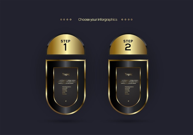 Dos banners dorados y premium infográficos para diseño multipropósito, botones vectoriales dorados