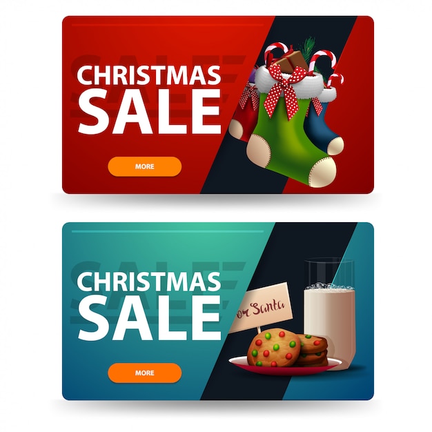 Dos banners de Navidad de descuento con galletas con un vaso de leche para Santa Claus y medias de Navidad.