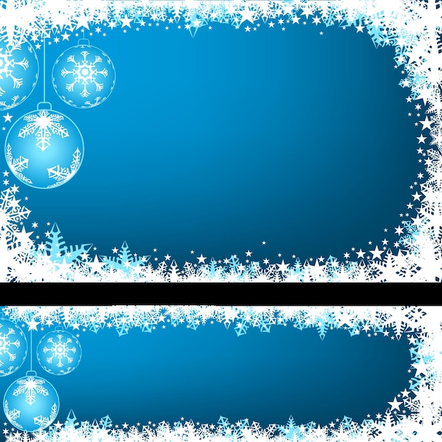 Dos banners de sitios web navideños azules con adornos navideños y nieve con copos de nieve