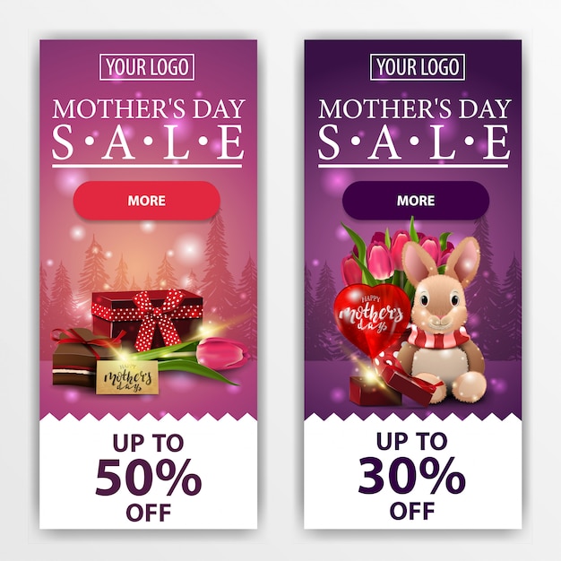Dos banners verticales modernos de descuento para el día de la madre.