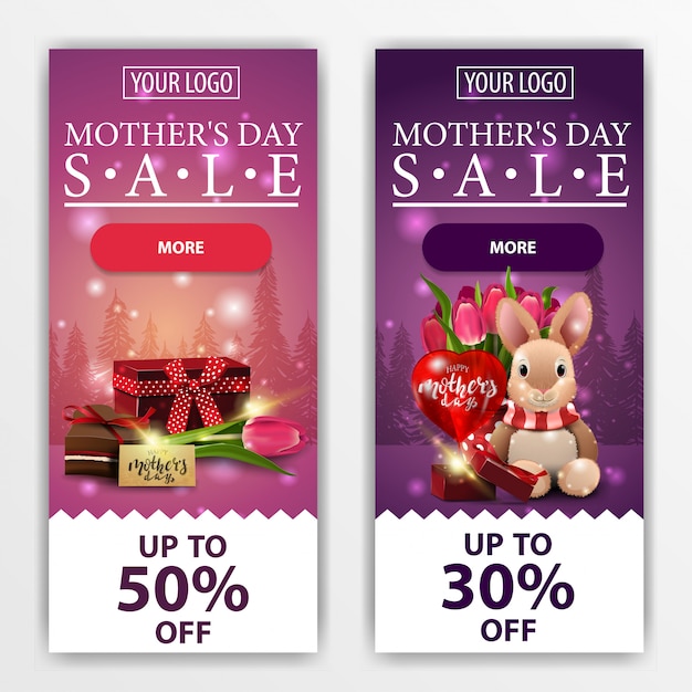 Vector dos banners verticales modernos de descuento para el día de la madre.