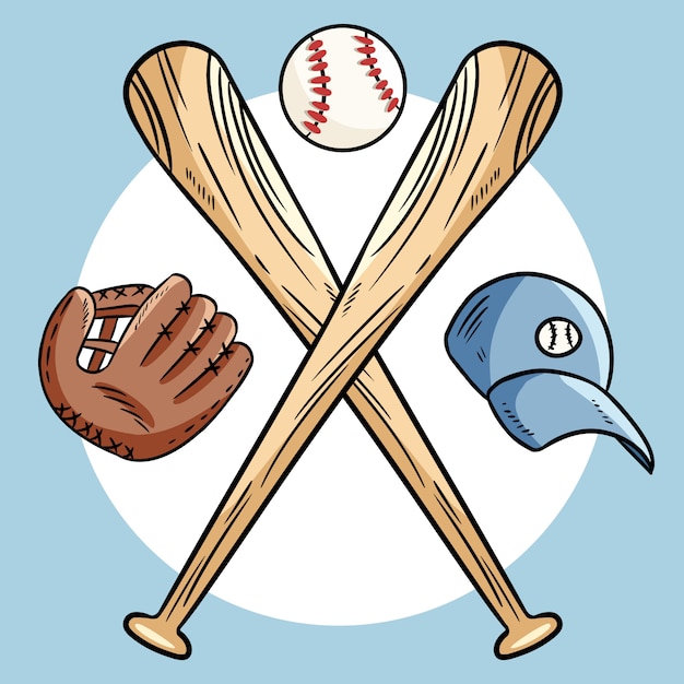 Dos bates de béisbol cruzados y pelota, logo deportivo de icono